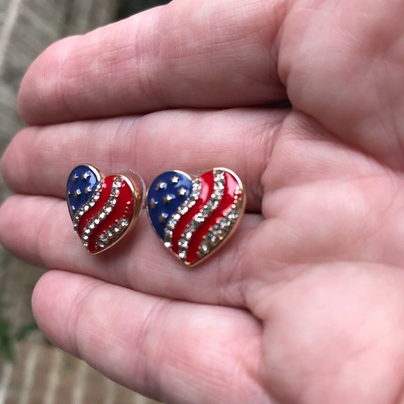 American Flag Earrings Posts Heart Shaped Labor Day July 4th Veterans Memorial - Picture 6 of 10